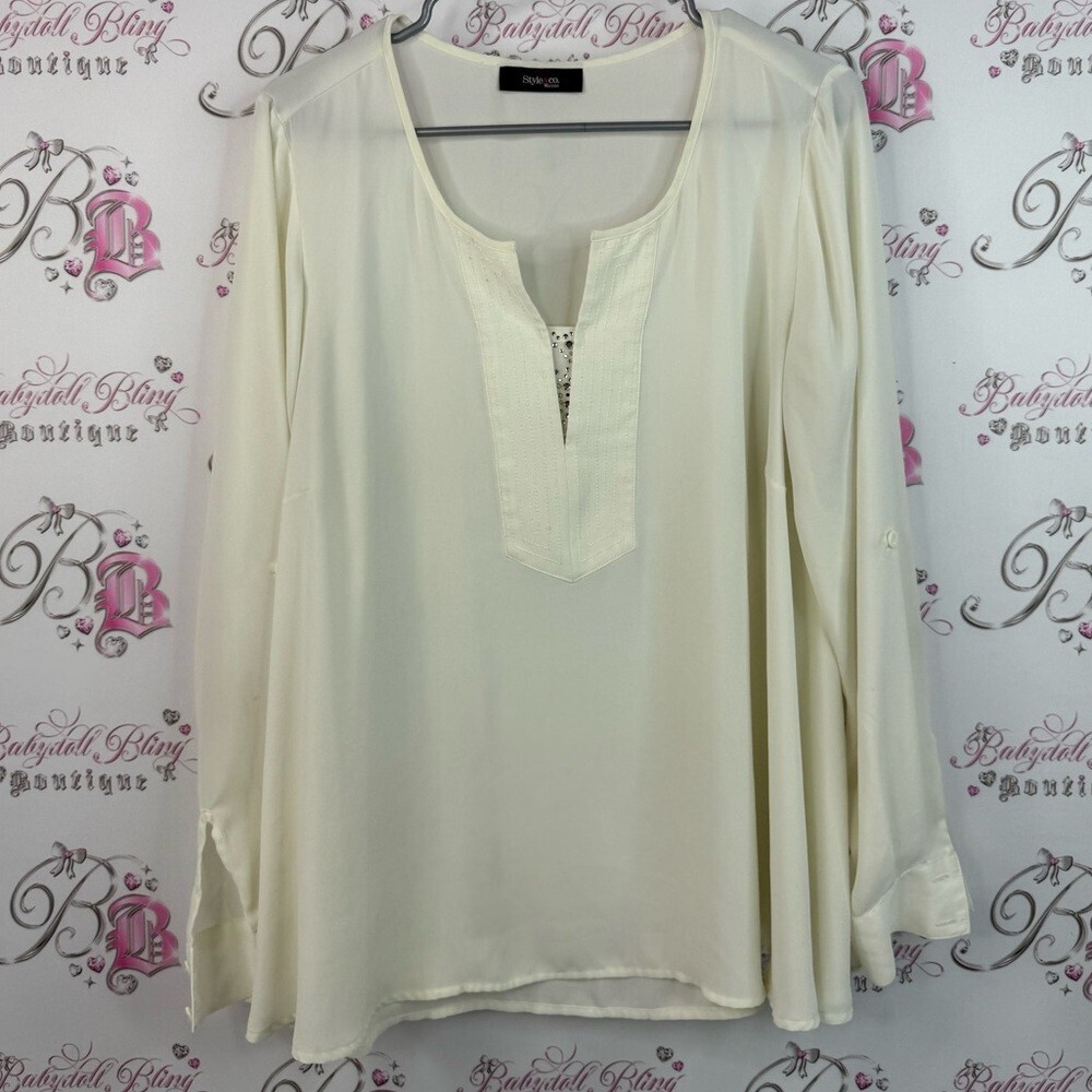 Style & Co. Long sleeve rhinestone diamond details Cream Long Sleeve Blouse
